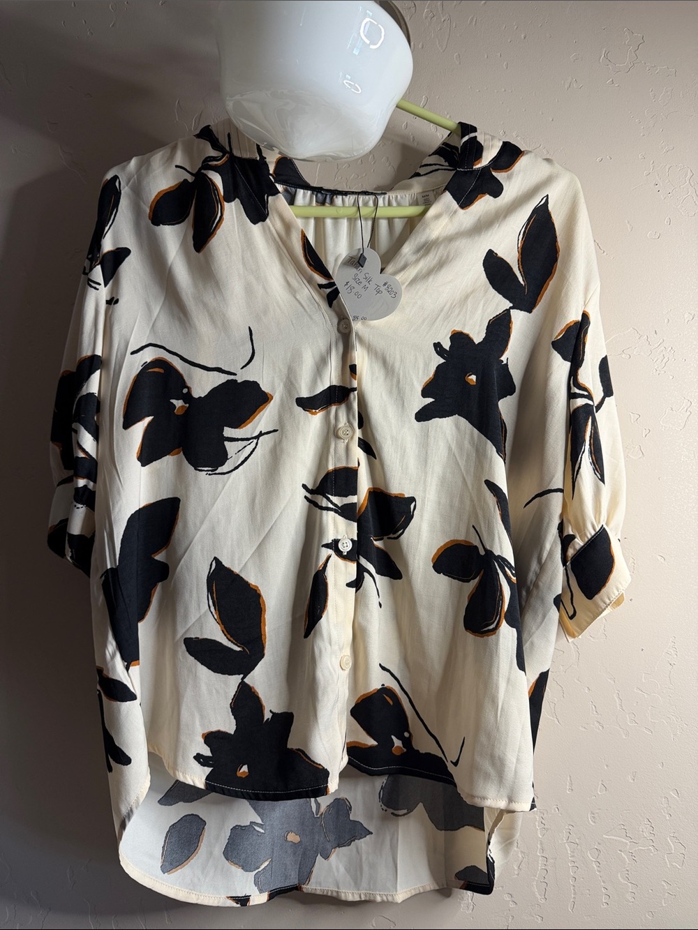 T Tahari Cream Blouse with Black and Brown Floral Print